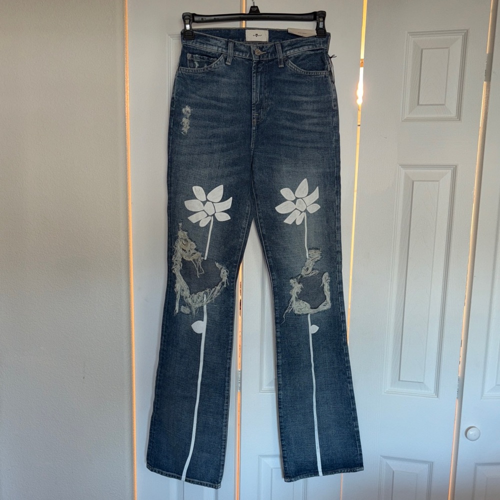 7 For All Mankind High Rise Blue Jeans with White Floral Pattern